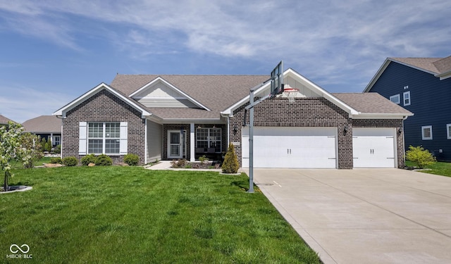 craftsman inspired home with brick siding, an attached garage, a front lawn, and concrete driveway