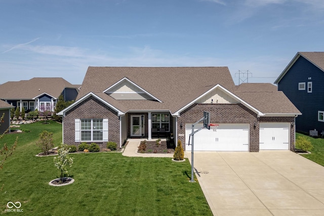 view of front of house with brick siding, an attached garage, a front yard, and driveway