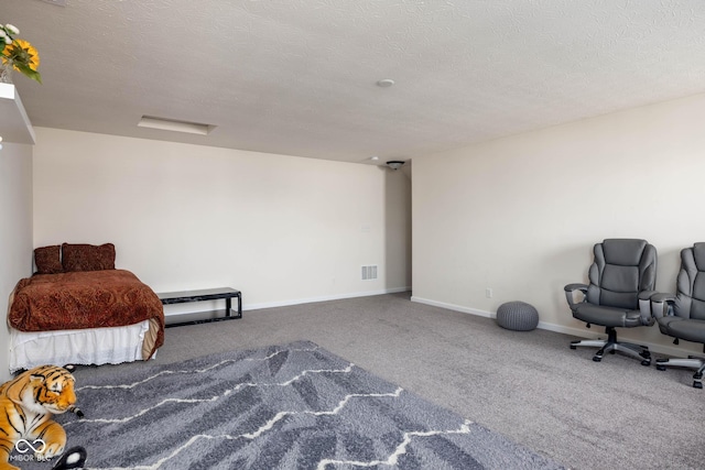 interior space featuring carpet floors, a textured ceiling, baseboards, and visible vents