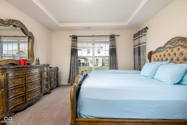 carpeted bedroom featuring a tray ceiling, baseboards, visible vents, and multiple windows
