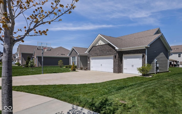 single story home featuring a garage, brick siding, a front lawn, and concrete driveway