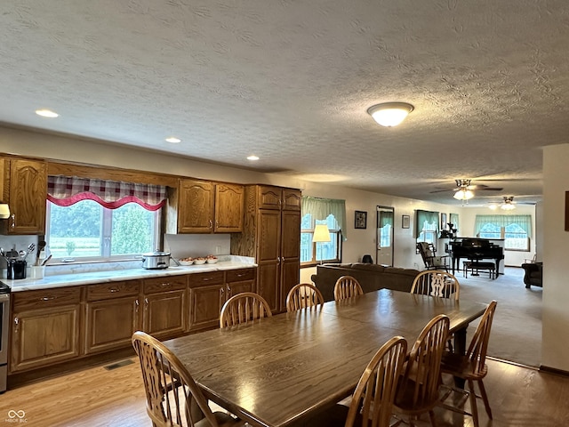 dining room with plenty of natural light, a textured ceiling, and ceiling fan