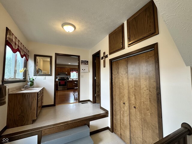 hallway featuring visible vents, a sink, and a textured ceiling