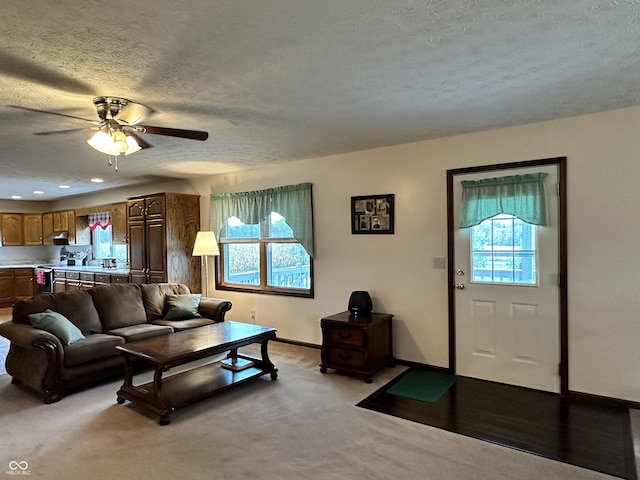 living area featuring a textured ceiling, a wealth of natural light, light carpet, and ceiling fan