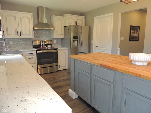 282 W Santee Dr, Greensburg, IN 47240 - kitchen featuring stainless steel appliances, wall chimney exhaust hood, butcher block counters, backsplash, and dark wood finished floors