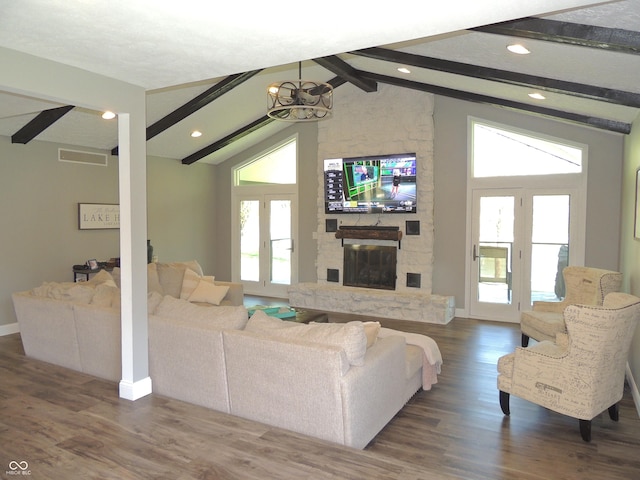 282 W Santee Dr, Greensburg, IN 47240 - living area featuring baseboards, a fireplace, dark wood-style flooring, and recessed lighting