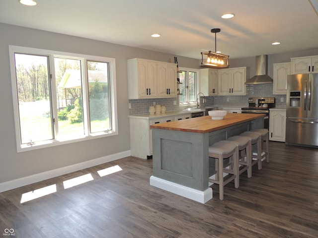 282 W Santee Dr, Greensburg, IN 47240 - kitchen with wooden counters, stainless steel appliances, wall chimney range hood, backsplash, and recessed lighting