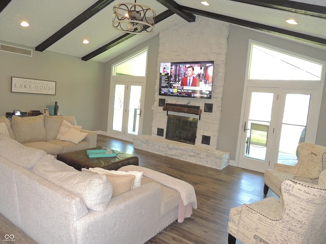 282 W Santee Dr, Greensburg, IN 47240 - living room featuring a chandelier, dark wood-style flooring, a fireplace, baseboards, and recessed lighting