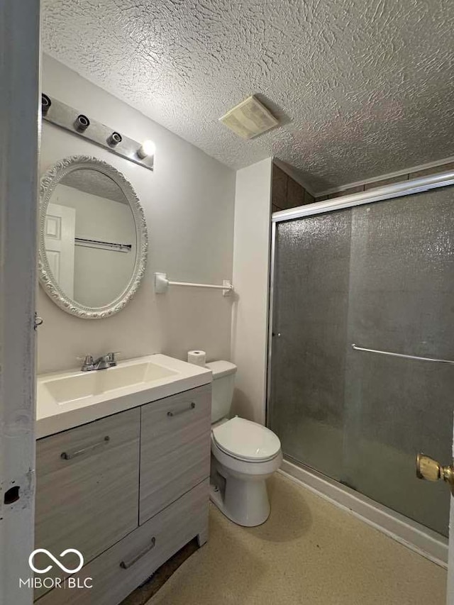 7833 Broadview Dr, Indianapolis, IN 46227 - bathroom with a textured ceiling, toilet, visible vents, a shower stall, and vanity