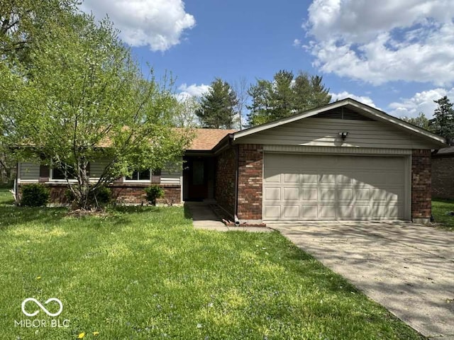 7833 Broadview Dr, Indianapolis, IN 46227 - ranch-style home with concrete driveway, an attached garage, brick siding, and a front lawn