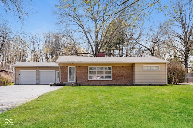 9535 E Michigan St, Indianapolis, IN 46229 - view of front of home with a front lawn, a garage, concrete driveway, and a chimney