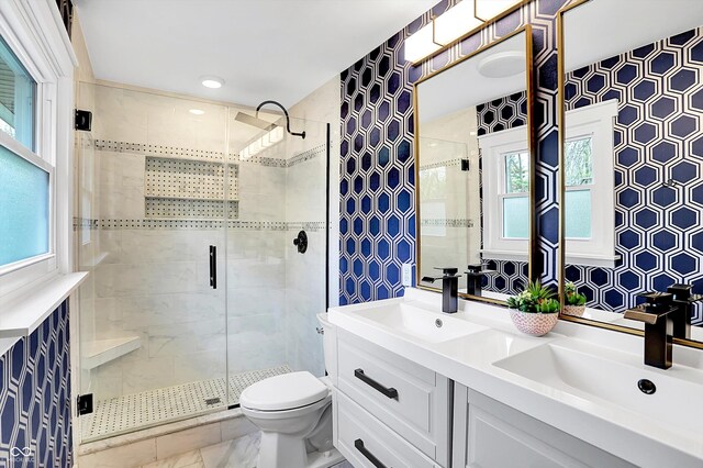 11626 Forest Dr, Carmel, IN 46033 - bathroom with a shower stall, double vanity, toilet, and marble look tile flooring