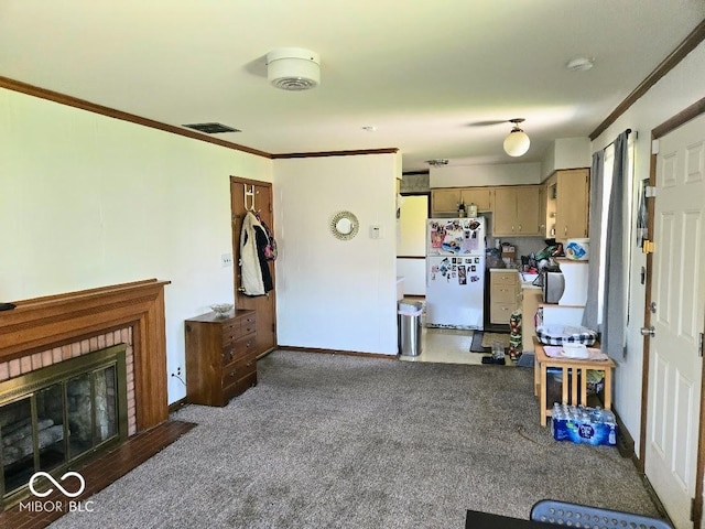 8230 E 11th St, Indianapolis, IN 46219 - living room with a fireplace with flush hearth, carpet, crown molding, and baseboards
