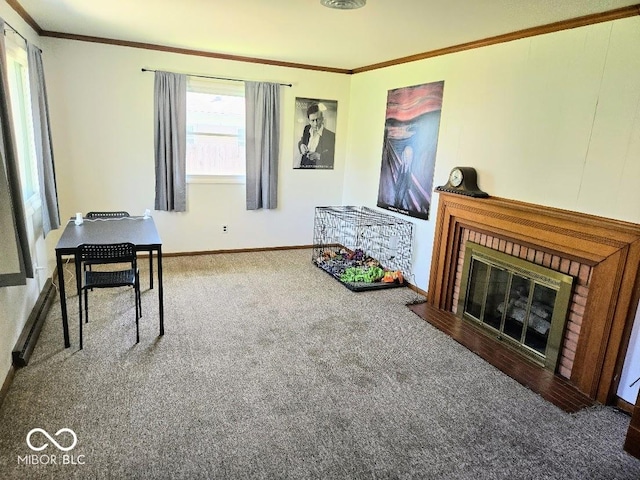 8230 E 11th St, Indianapolis, IN 46219 - living area with baseboards, carpet flooring, a fireplace, and crown molding
