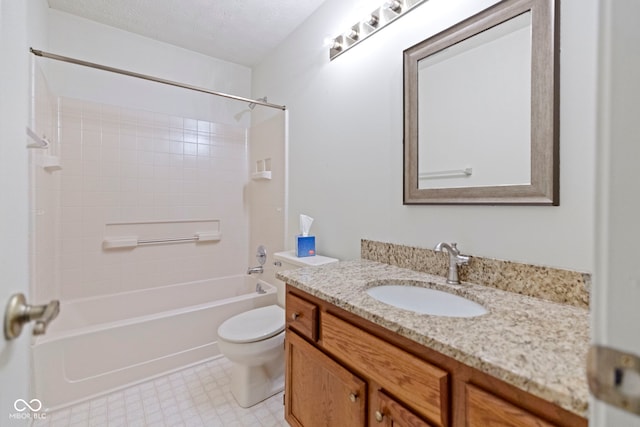 full bathroom with toilet, a textured ceiling, shower / bathing tub combination, and vanity