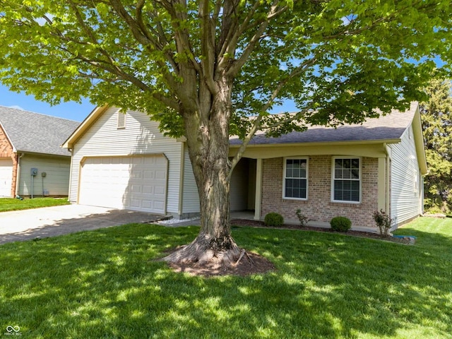 ranch-style home with an attached garage, a front lawn, driveway, and brick siding