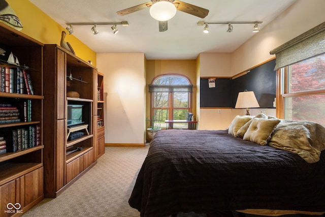 bedroom with baseboards, rail lighting, and light colored carpet