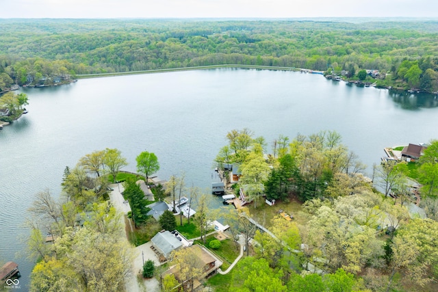 birds eye view of property featuring a view of trees and a water view