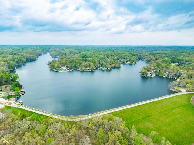 birds eye view of property with a water view and a forest view