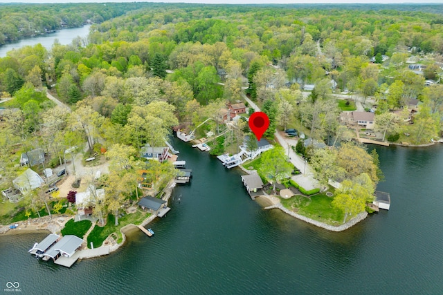 drone / aerial view with a water view and a forest view
