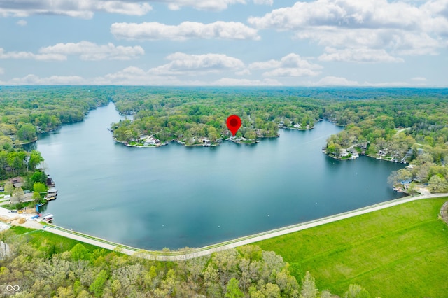 aerial view with a water view and a wooded view