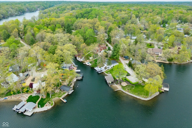 bird's eye view with a water view and a wooded view