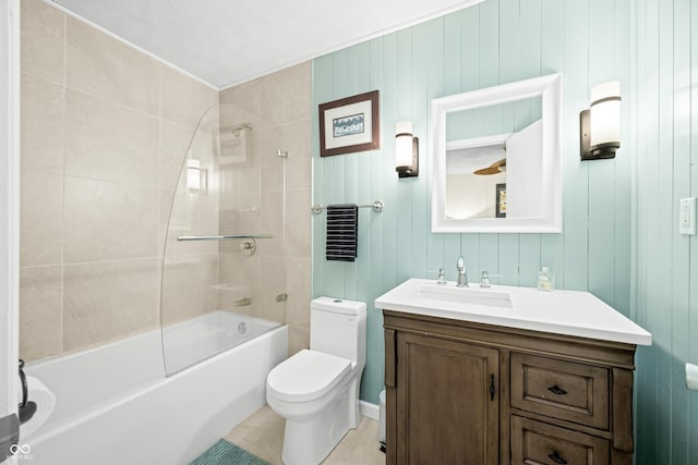 bathroom featuring shower / tub combination, toilet, and vanity