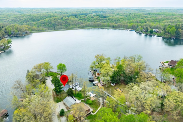 drone / aerial view with a water view and a wooded view