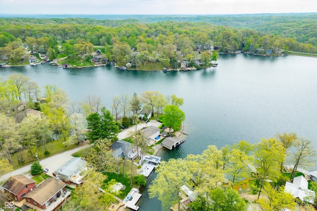 drone / aerial view featuring a water view and a view of trees