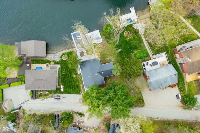 drone / aerial view featuring a water view