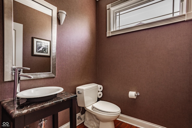 half bath featuring toilet, vanity, and wood finished floors