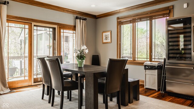 dining area with beverage cooler, a wealth of natural light, ornamental molding, and dark wood-style flooring