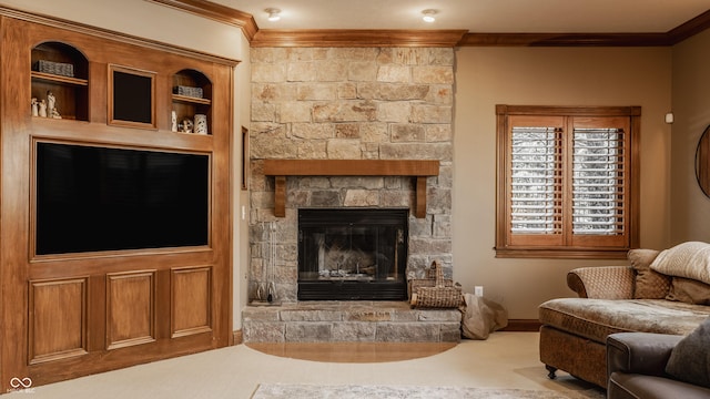 carpeted living area with baseboards, crown molding, and a fireplace