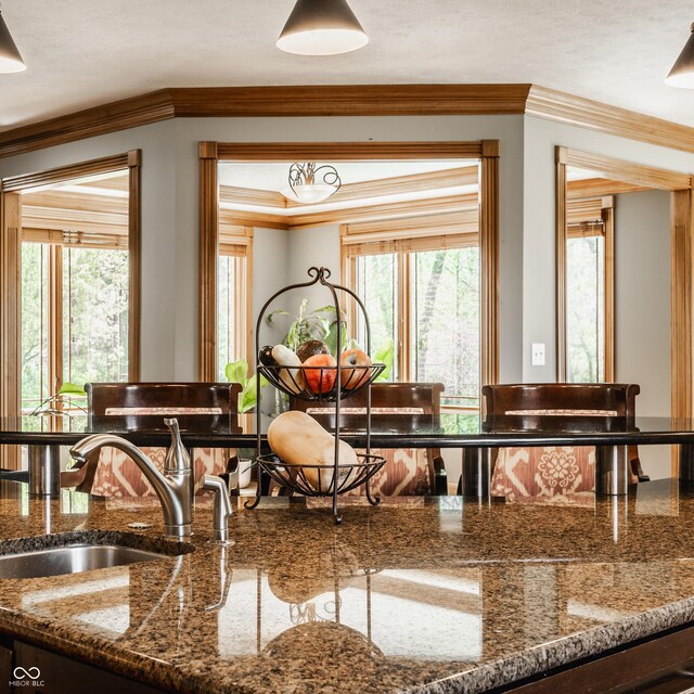 details with crown molding, dark stone countertops, and a sink