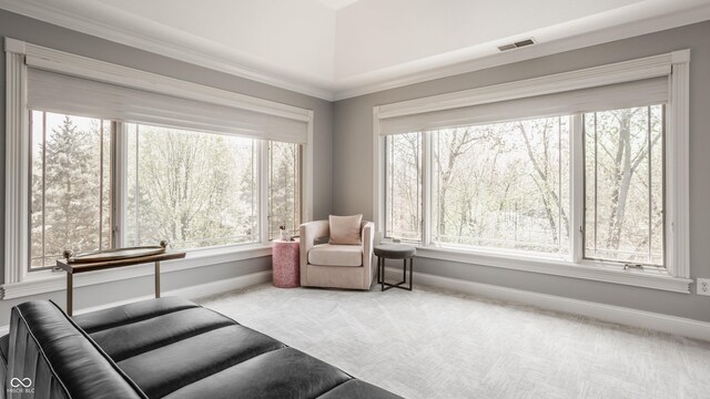 living area featuring carpet, visible vents, baseboards, and a healthy amount of sunlight
