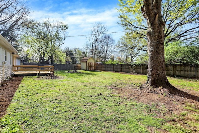 4775 E 56th St, Indianapolis, IN 46220 - view of yard with a storage shed, an outbuilding, a wooden deck, and a fenced backyard
