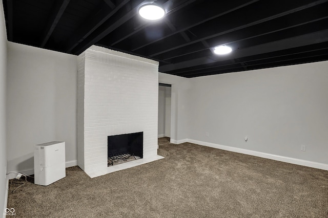 4775 E 56th St, Indianapolis, IN 46220 - unfurnished living room featuring a fireplace, carpet flooring, and baseboards