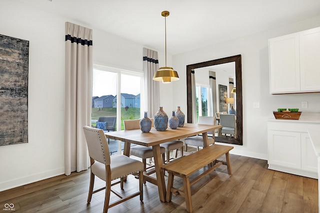 dining room with wood finished floors, a healthy amount of sunlight, and baseboards