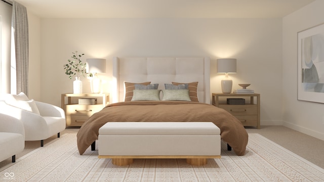 bedroom featuring baseboards and light carpet