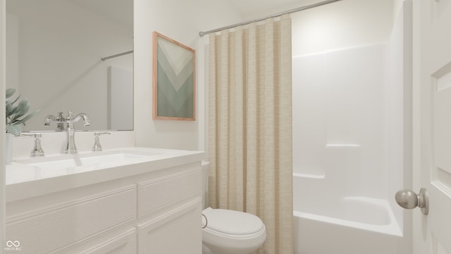 bathroom with shower / bathtub combination with curtain, toilet, and vanity