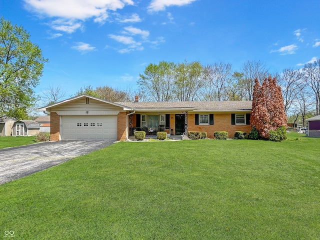 ranch-style home with a chimney, aphalt driveway, an attached garage, a porch, and brick siding