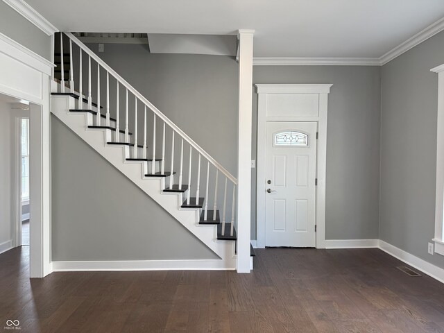 1378 Hannibal St, Noblesville, IN 46060 - entryway featuring stairway, crown molding, baseboards, ornate columns, and wood finished floors