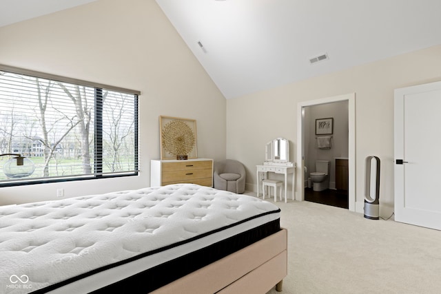 1333 Chatham Rdg Ct, Westfield, IN 46074 - bedroom featuring high vaulted ceiling, carpet flooring, ensuite bath, and visible vents