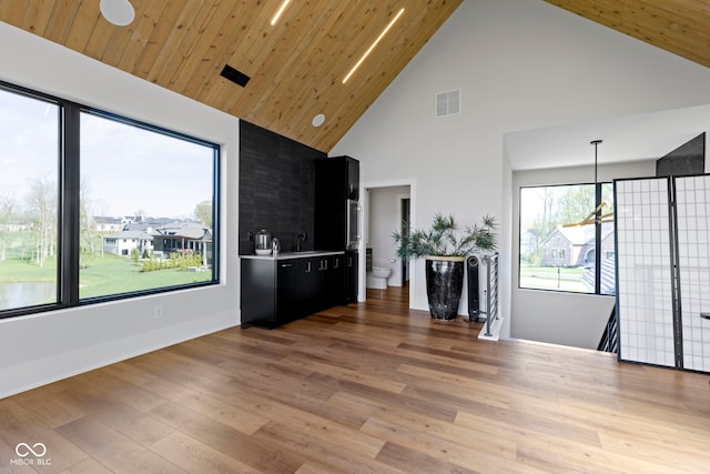 1333 Chatham Rdg Ct, Westfield, IN 46074 - unfurnished living room featuring wood ceiling, visible vents, a sink, high vaulted ceiling, and light wood-style floors