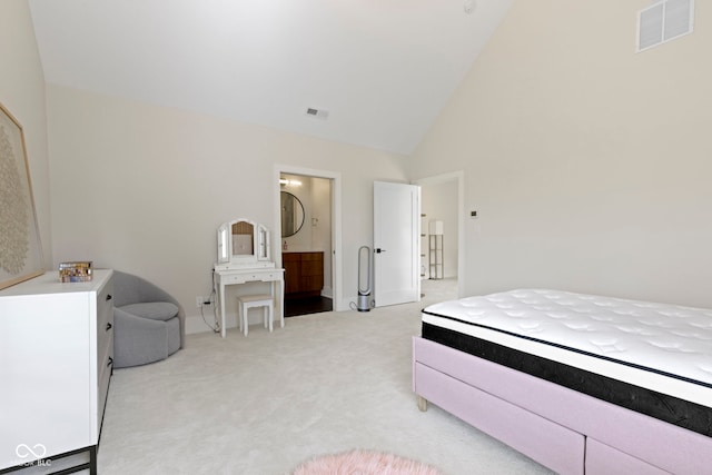 1333 Chatham Rdg Ct, Westfield, IN 46074 - bedroom featuring visible vents, high vaulted ceiling, ensuite bath, and light carpet