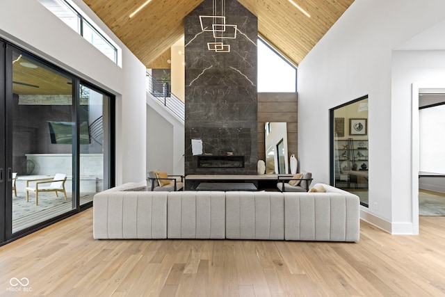 1333 Chatham Rdg Ct, Westfield, IN 46074 - living room with a premium fireplace, high vaulted ceiling, baseboards, wooden ceiling, and wood finished floors