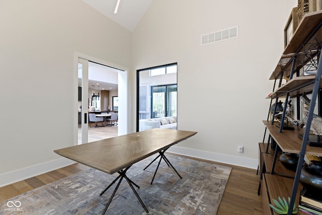1333 Chatham Rdg Ct, Westfield, IN 46074 - office with high vaulted ceiling, visible vents, baseboards, and wood finished floors