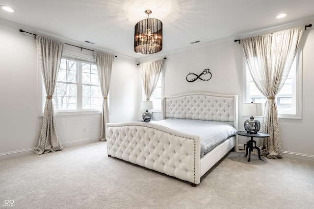 carpeted bedroom with recessed lighting, baseboards, visible vents, and an inviting chandelier