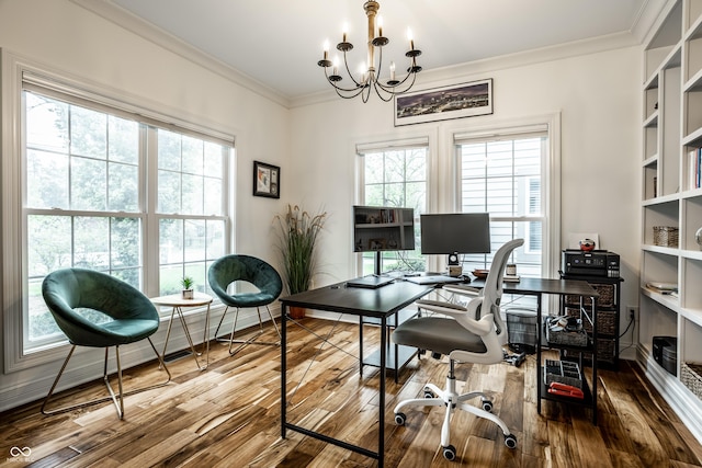office area with a wealth of natural light, ornamental molding, wood finished floors, and a notable chandelier