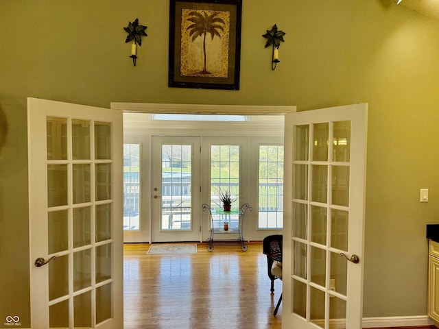 entryway with plenty of natural light, french doors, wood finished floors, and a towering ceiling